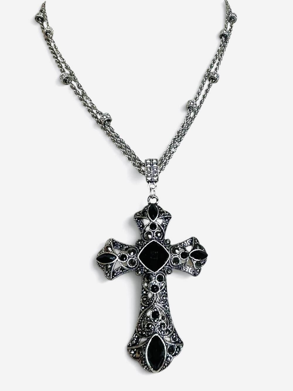 Gothic Black Crystal Cross Necklace Antique Silver Tone Layered Chain Goth Punk